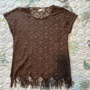 Chicos Lace Crochet Fringe Chocolate Brown Top-Small/0